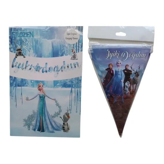 Frozen Elsa Karlar Ülkesi Iyi Ki Doğdun Kaligrafi Banner ve Iyi Ki Doğdun Üçgen Flama