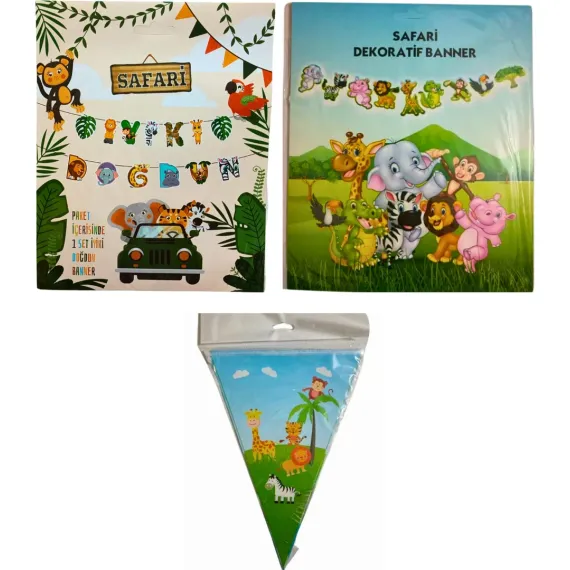 Safari Iyi Ki Doğdun Karakter Banner, Safari Üçgen Flama ve Safari Dekoratif Banner Seti