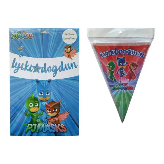 Pija Maskeliler Iyi Ki Doğdun Kaligrafi Banner ve Iyi Ki Doğdun Üçgen Flama