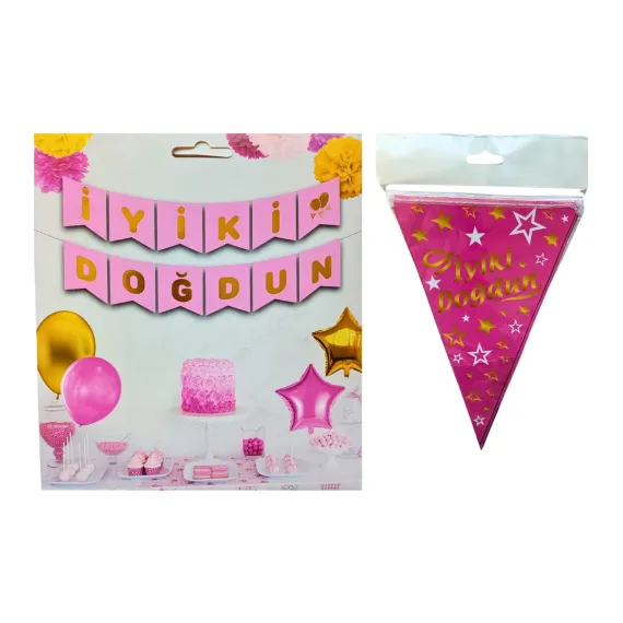 Iyi Ki Doğdun Banner ve Iyi Ki Doğdun Üçgen Flama Seti Pembe-Gold