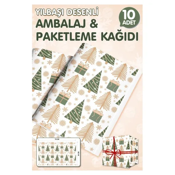 Yılbaşı Çam Ağacı Temalı Hediye Paketi Yeni Yıl Paketleme Kağıdı 50X70CM  10 ADET-T1040