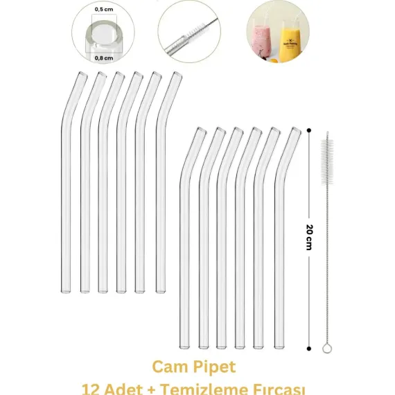 Cam Pipet 12 Adet ve Pipet Temizleme Fırçası, Cam Bardak Pipeti, Kalın Cam Pipet