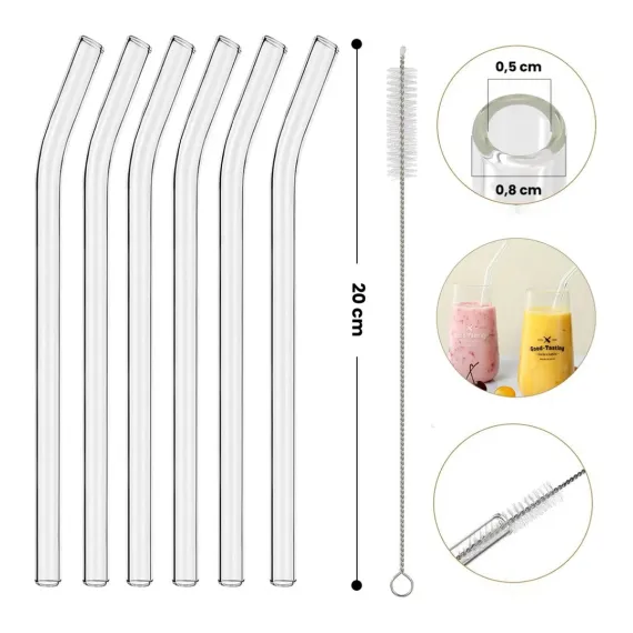 6 Adet Kalın Ve Büyük Boy Cam Pipet, Temizleme Fırçası Hediyeli Eğimli Şeffaf Pipet Seti