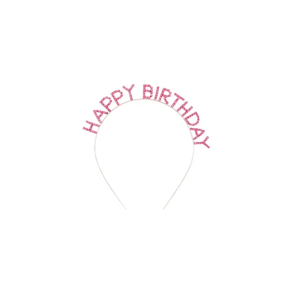 Pembe Kristal Taşlı Gold Happy Birthday Taçı