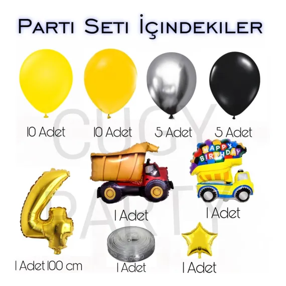 Kamyon Arabalı Konsetpt Doğum Günü Seti Gold Yaş Rakamlı Parti Kutlama Seti