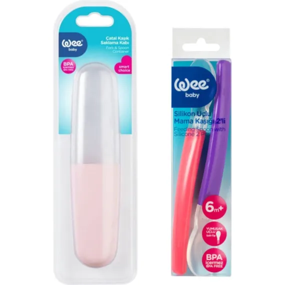 Wee Baby Çatal Kaşık Saklama Kabı + Silikon Mama Kaşığı 2 'li Set