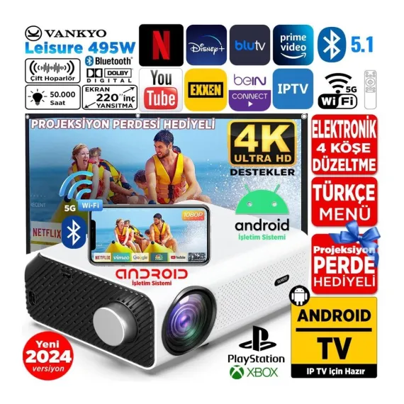 Leisure 495W Android 4K Destekli 5g Wi-Fi + Bluetooth LCD LED Projeksiyon Cihazı - 220 Inç Yansıtma -Dolby Audio Hoparlör