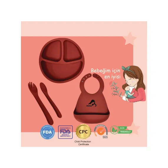 Momia Bebek " Silikon Beslenme Mama Seti - Sağlıklı ve Renkli!" set 6 - bebek mama tabağı , bebek mama önlüğü , bebek kaşık çatal