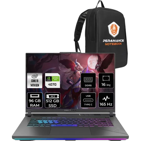 Rog Strix G16 Intel Core I9 14900HX 96GB 512GB SSD RTX4070/8GB 165Hz 16" Fhd+ Fdos Taşınabilir Bilgisayar N3088 & Per4 Çanta N3038P337