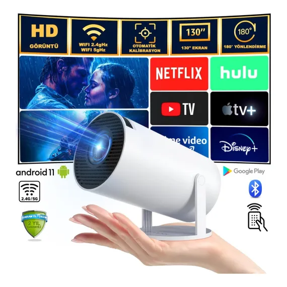 Mini Projeksiyon Taşınabilir Projeksiyon Cihazı Hd Projeksiyon Cihazı Android 11 Android Tv Projeksiyon Cihazı Ev Sinema Projeksiyon Akıllı Hoparlörlü Projeksiyon Wifi Bluetooth Taşınabilir