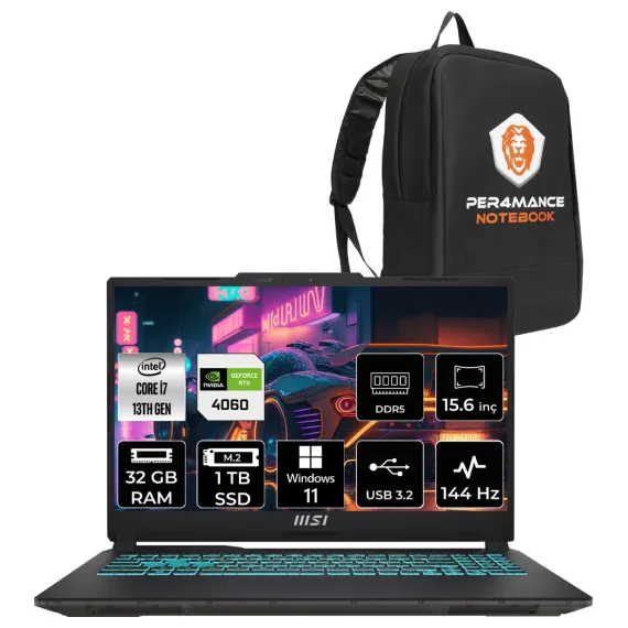 Cyborg 15 Intel Core I7-13620H 32GB 1tb SSD RTX4060/8GB 15.6" Fhd 144Hz W11H Taşınabilir Bilgisayar A13VF-893XTR & Per4 Çanta A13VF893XTRP358