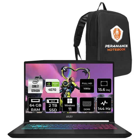 Katana 15 Intel Core I7 13620H 64GB 2tb SSD RTX4070/8GB 15.6" Fhd 144Hz W11P Taşınabilir Bilgisayar B13VGK-2023XTR & Per4 Çanta B13VGK2023XTRP414