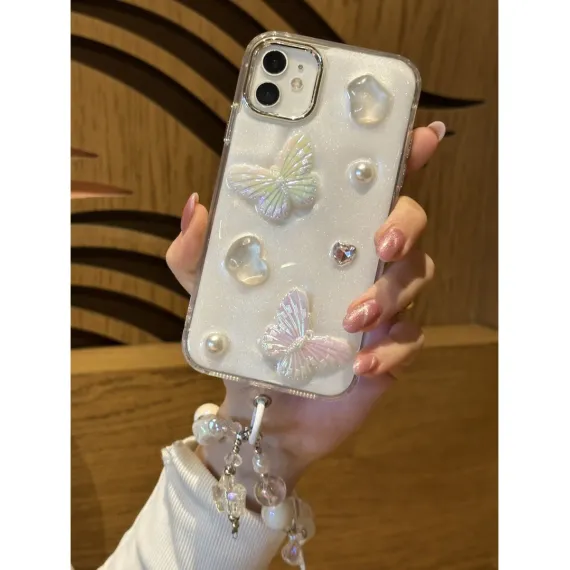 Apple iPhone 11 Uyumlu Lux Işıltılı Inci Charmlı Kelebekli Kılıf