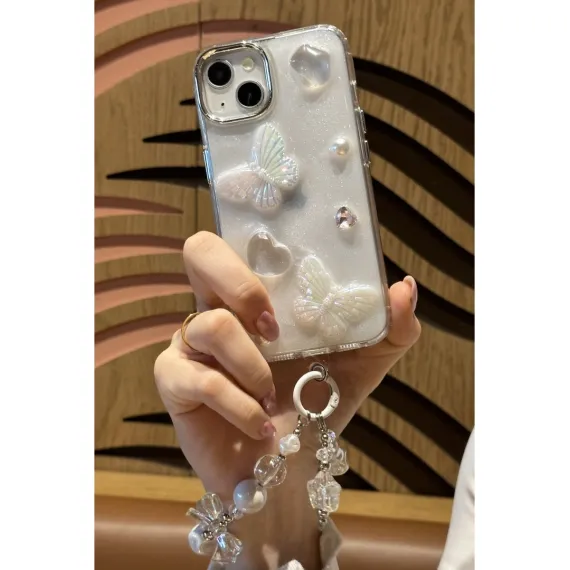 Apple iPhone 13 Uyumlu Lux Işıltılı Inci Charmlı Kelebekli Kılıf