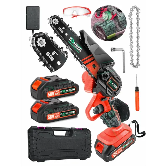 Böhre 58VF 5AH 6'' 20 cm Pala Dark Red Şarjlı Çift Akülü Mini Zincirli Budama Testere Makinesi