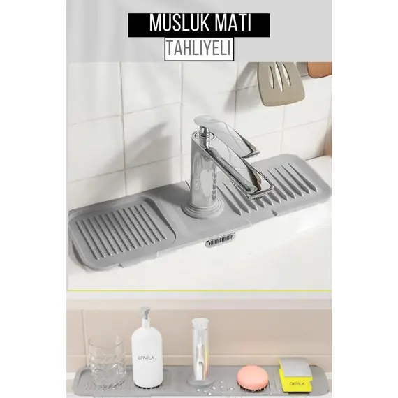 Elastik Musluk Matı Su Tutucu Düzenleyici Kaydırmaz Taban Organizer Mutfak Banyo Lavabo Gri