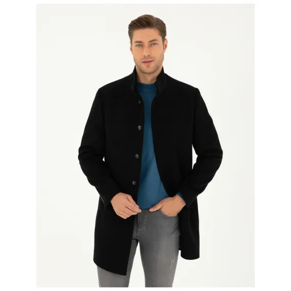 Erkek Siyah Yün Karışımlı Slim Fit Palto 50297488-VR046