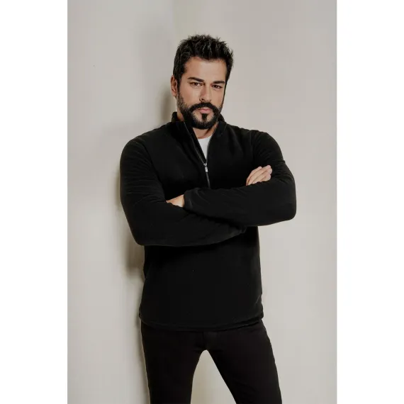 Erkek Siyah Anti-pilling Tüylenme Yapmayan Standart Fit Dik Yaka Soğuk Geçirmez Polar Sweatshirt