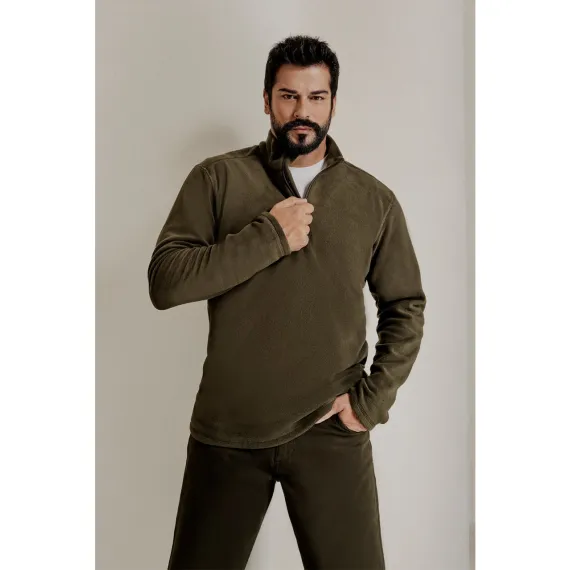 Erkek Haki Anti-pilling Tüylenme Yapmayan Standart Fit Dik Yaka Soğuk Geçirmez Polar Sweatshirt