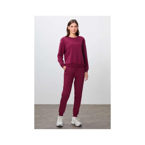 Pamuklu Pürüzsüz Dokulu O Yaka Kalın Oversize Fit Kadın Eşofman Takımı 95341 Erguvan