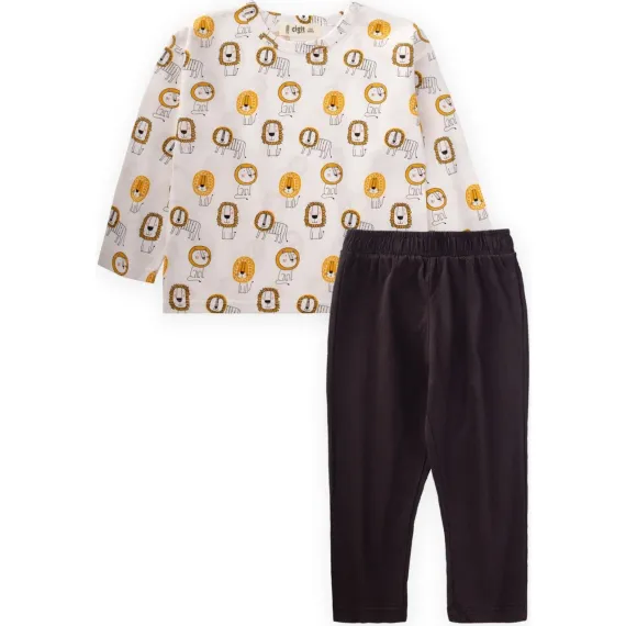 Aslan Desenli Erkek Pijama Takım 1-5 Yaş Kırık Beyaz