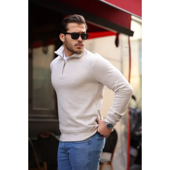 Selanik Örme Kumaş Yarım Fermuar Erkek Sweatshirt - Taş