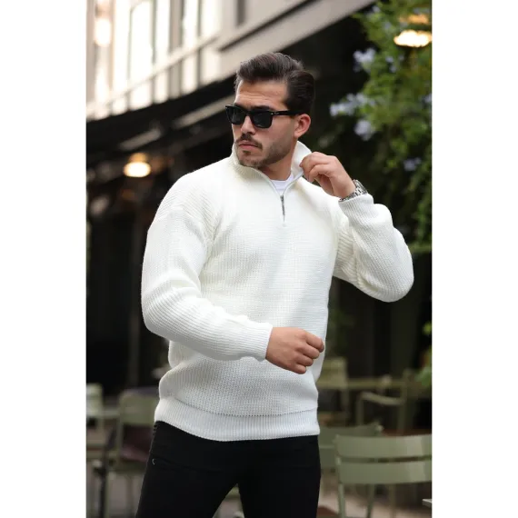 Oversize Selanik Örgü Yarım Fermuar Erkek Triko Kazak - Ekru