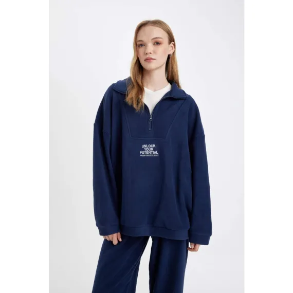 Oversize Geniş Kalıp Fermuarlı Dik Yaka Nakışlı Polar Sweatshirt Y2649AZ24WN
