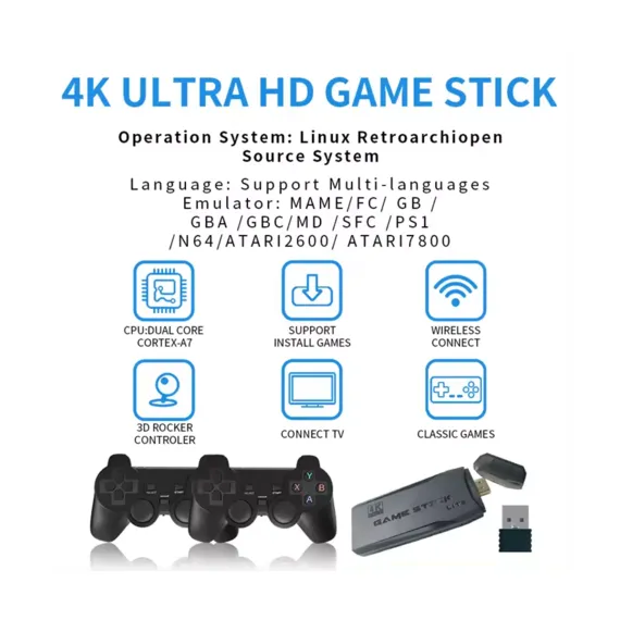 USB Oyun Çubuğu 32GB 64GB Oyun Konsolu Dahili 10000 Oyun PS1 HD 4K TV Retro Video Oyun Konsolu 2 Gamepad oyun oyuncusu, 3 image