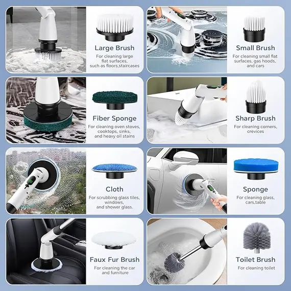 8 Değiştirilebilir Fırça Başlığı, 3 Ayarlanabilir Açı Su Geçirmez LED Ekran, Kablosuz Temizleme Fırçası Malzemeleri, Banyo Temizleyici Seti, Uzun Saplı, Duş Zemin Küvet için Elektrikli Döndürmeli Fırça, 3 image