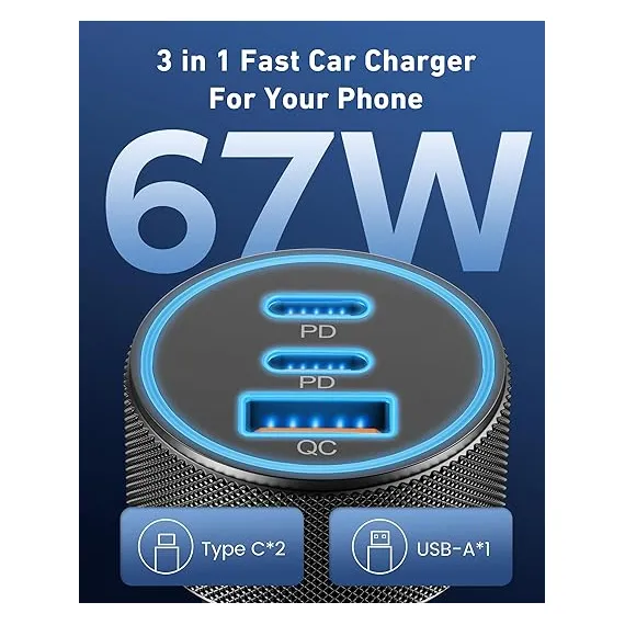 KENHAO 3 Bağlantı Noktalı 67W Çift USB-C VE USB-A Araç Güç Adaptörü, 3 image KENHAO 3 Bağlantı Noktalı 67W Çift USB-C VE USB-A Araç Güç Adaptörü, 3 image