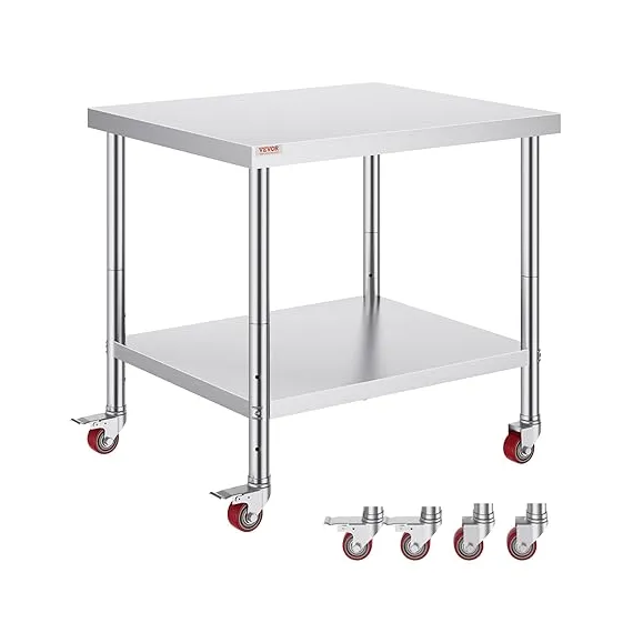 Vevor 30x36x34 İnç Paslanmaz Çelik 4 Tekerlekli Ağır Hizmet Tipi Ticari Gıda Hazırlama Çalışma Masası