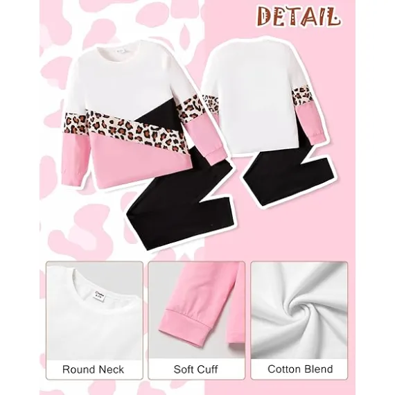PATPAT Küçük Kız Giysileri Yuvarlak Yaka Leopar Renk Bloklu Sweatshirt ve Tayt Kız Kıyafetleri Beden 2-12Y, 2 image