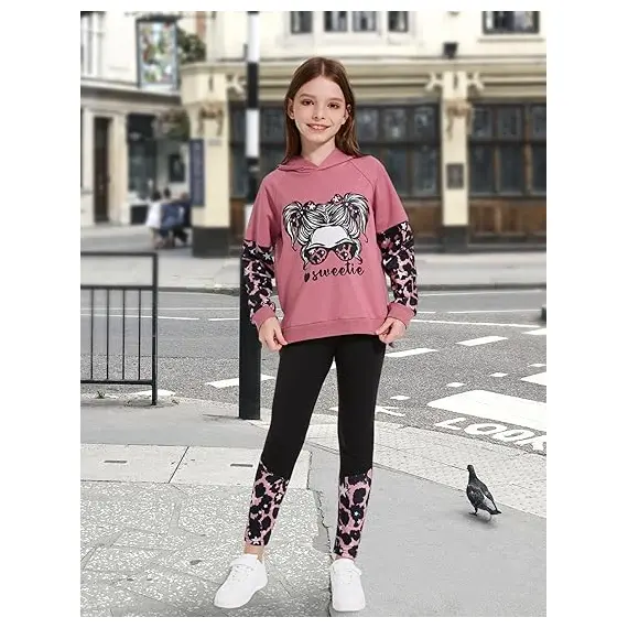 Kız Giysileri Cool Girl Print Tie Dye Hoodie Kazak Sweatshirt Tayt 2 Parça Kıyafetler, 2 image